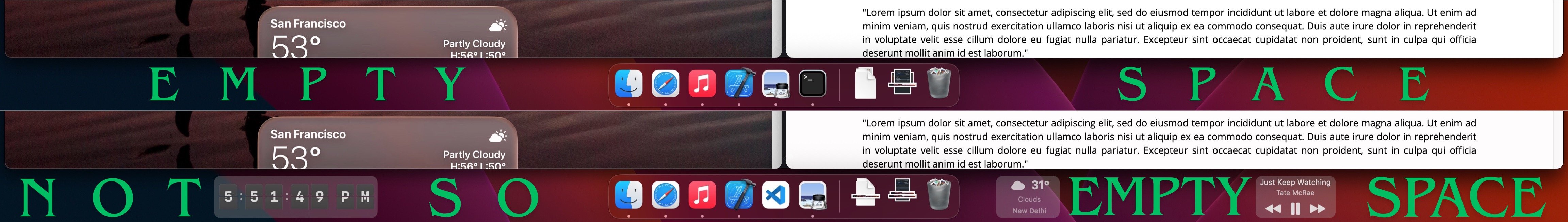 Before and after showing empty dock space versus widgets
